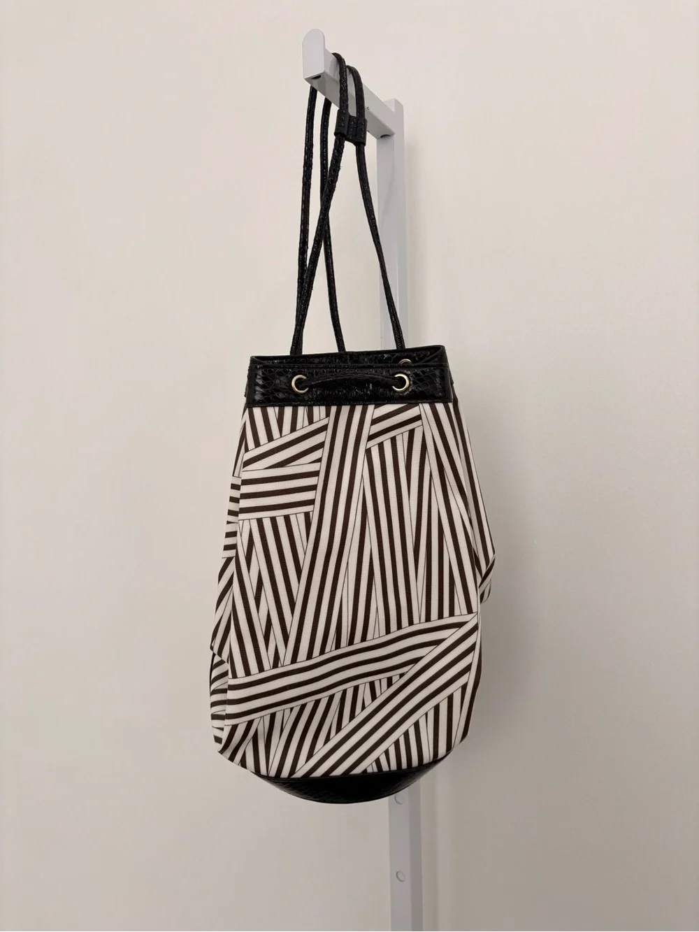 henri bendel Black and White Striped Drawstring Shoulder Bag